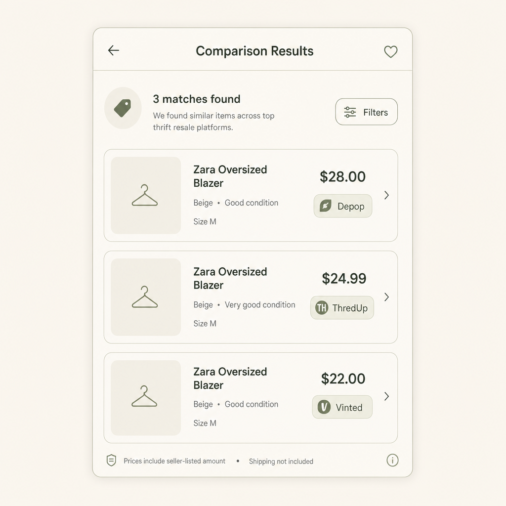 App screenshot: comparison results across Depop, ThredUp, and Vinted